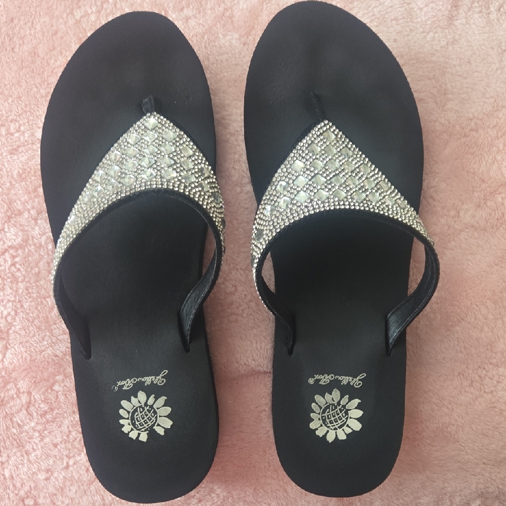 Yellow Box Black Jeweled T-Strap Sandals
